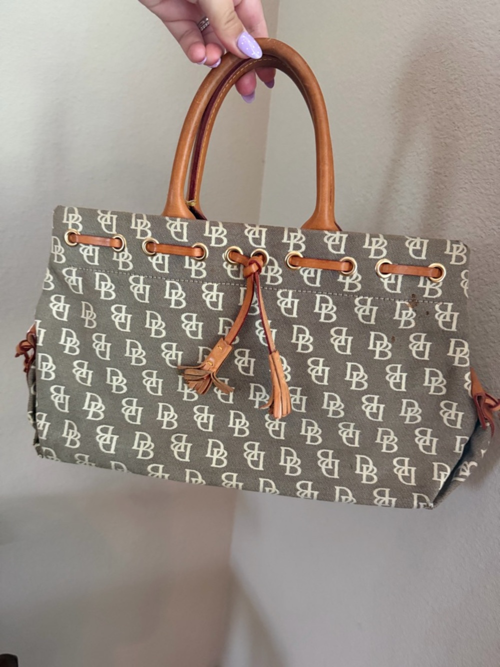 Dooney & Bourke Gray Monogram Tote with Tan Leather Trim